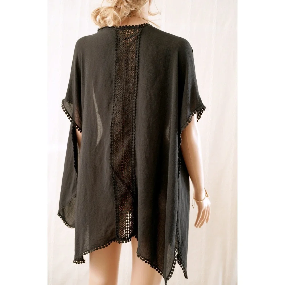 Black Gauze Kimono Swimsuit Cover Up Pom Pom‎ Trim Crochet Lace Back Boho Wrap